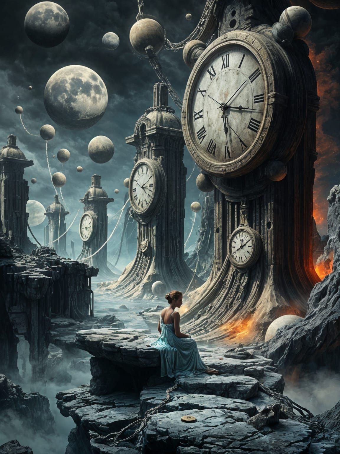 Surreal Landscape of Decaying Time with Ethereal Woman