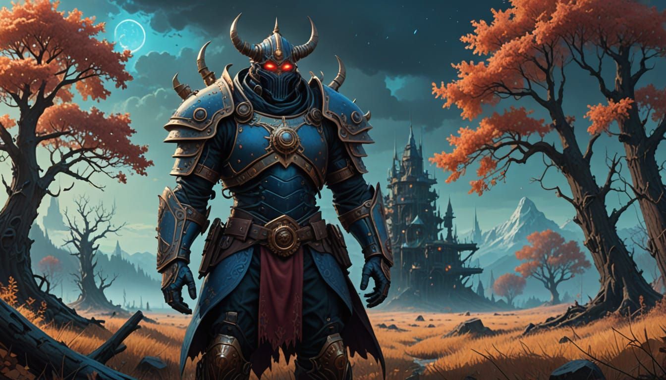 Heroic Warrior in Desolate, Cyberpunk-Fantasy Landscape