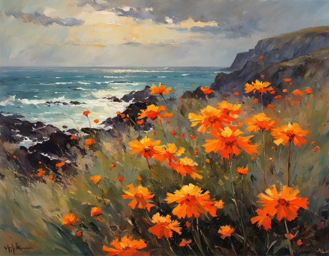 Orange Hawkweed by the Sea in Oil Painting Style