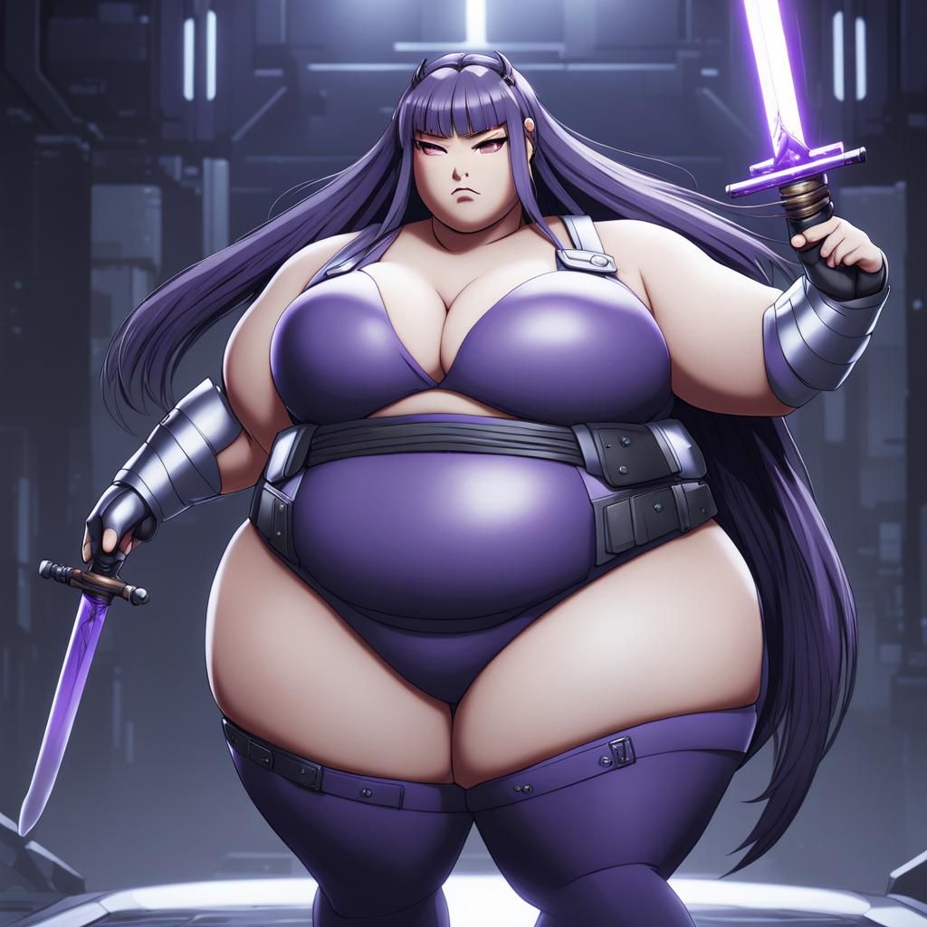 Futuristic Plus-Size Warrior with Katana, Hyperdetailed Art
