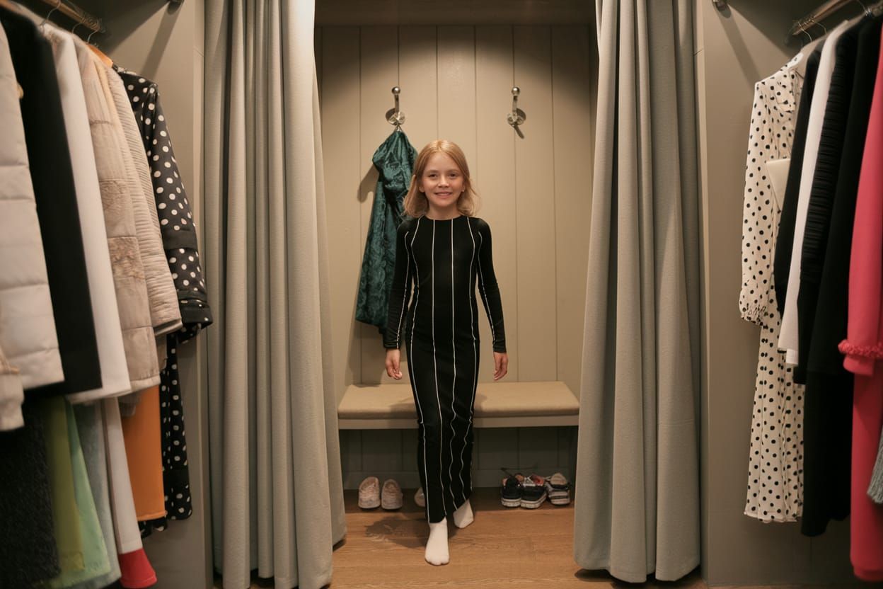 Smiling Girl in Maxi Black Dress with White Stripes