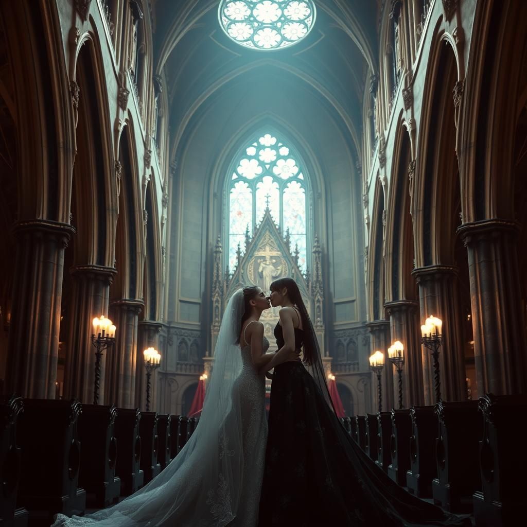 Gothic Wedding: Two Brides Kiss in Church