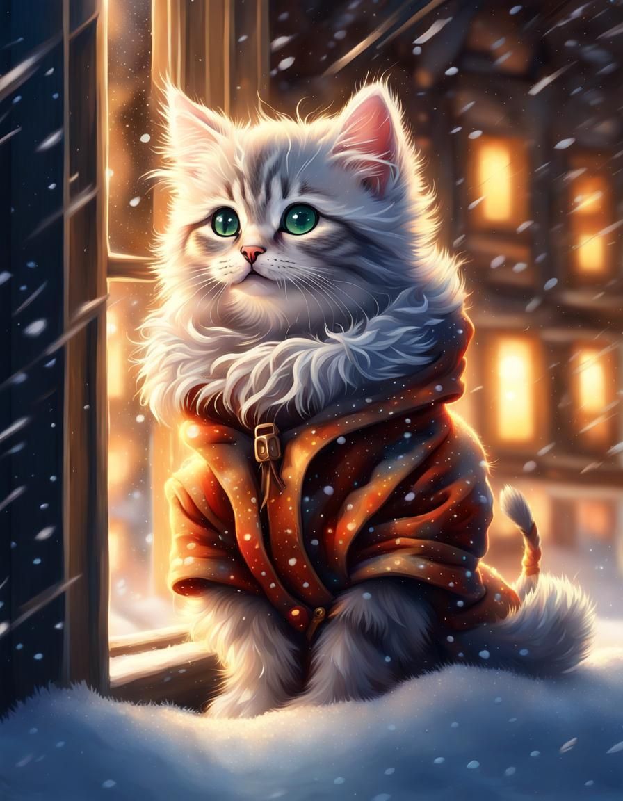 Happy Kitten in Snow, Hyper-Detailed Digital Art