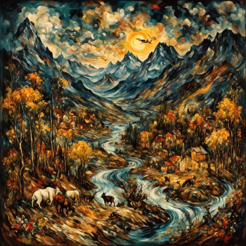 Mountain River Scene in Van Gogh Style