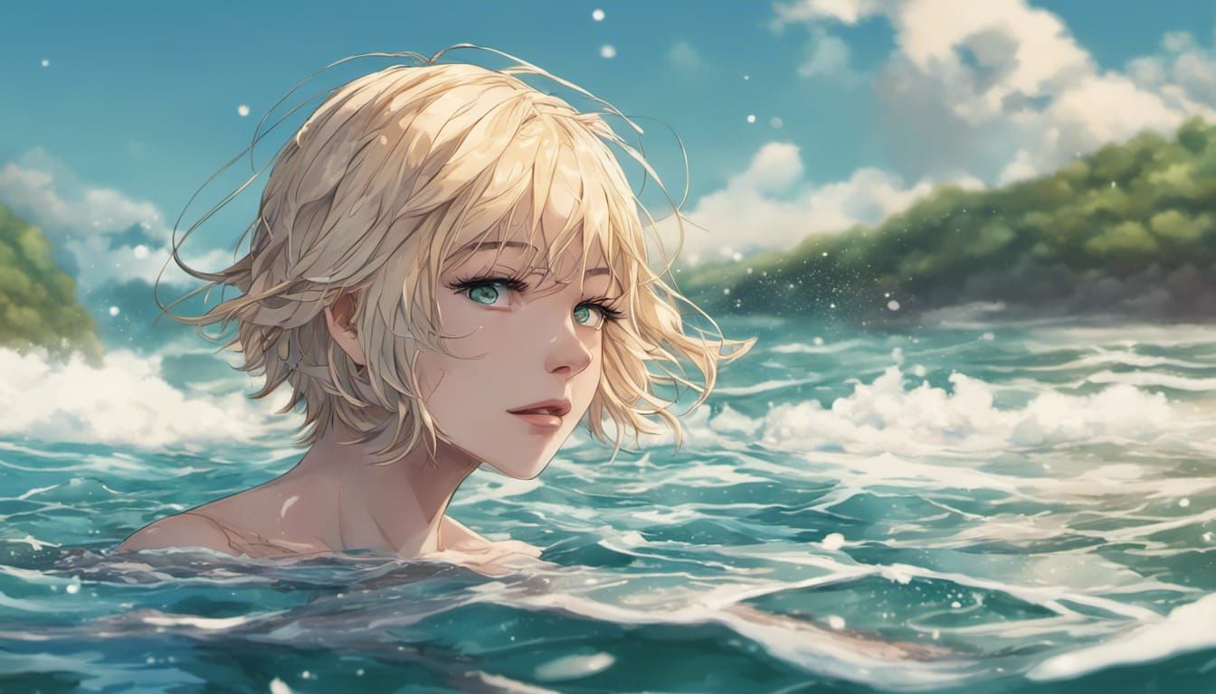 Blonde Woman Swimming in Ocean: Anime Style