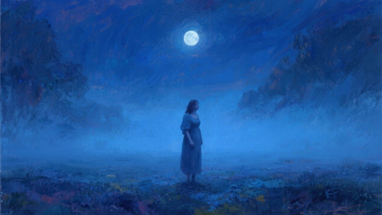 Mystical Woman in Moody Blue Landscape