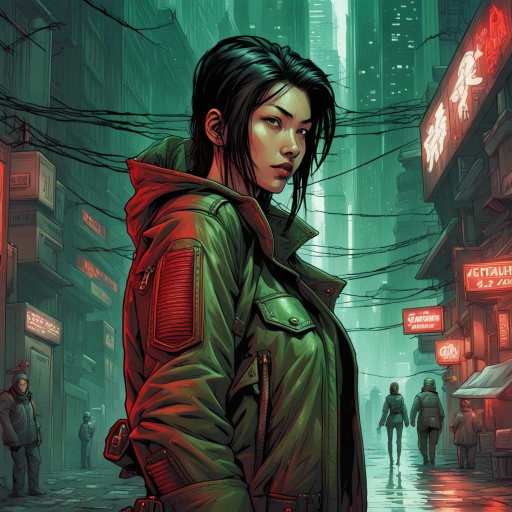 Cyberpunk Korean Biker Girl in Shadowrun Alley