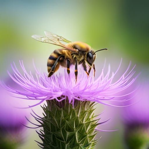 Macro Bee on Thistle, Hyperdetailed Digital Art