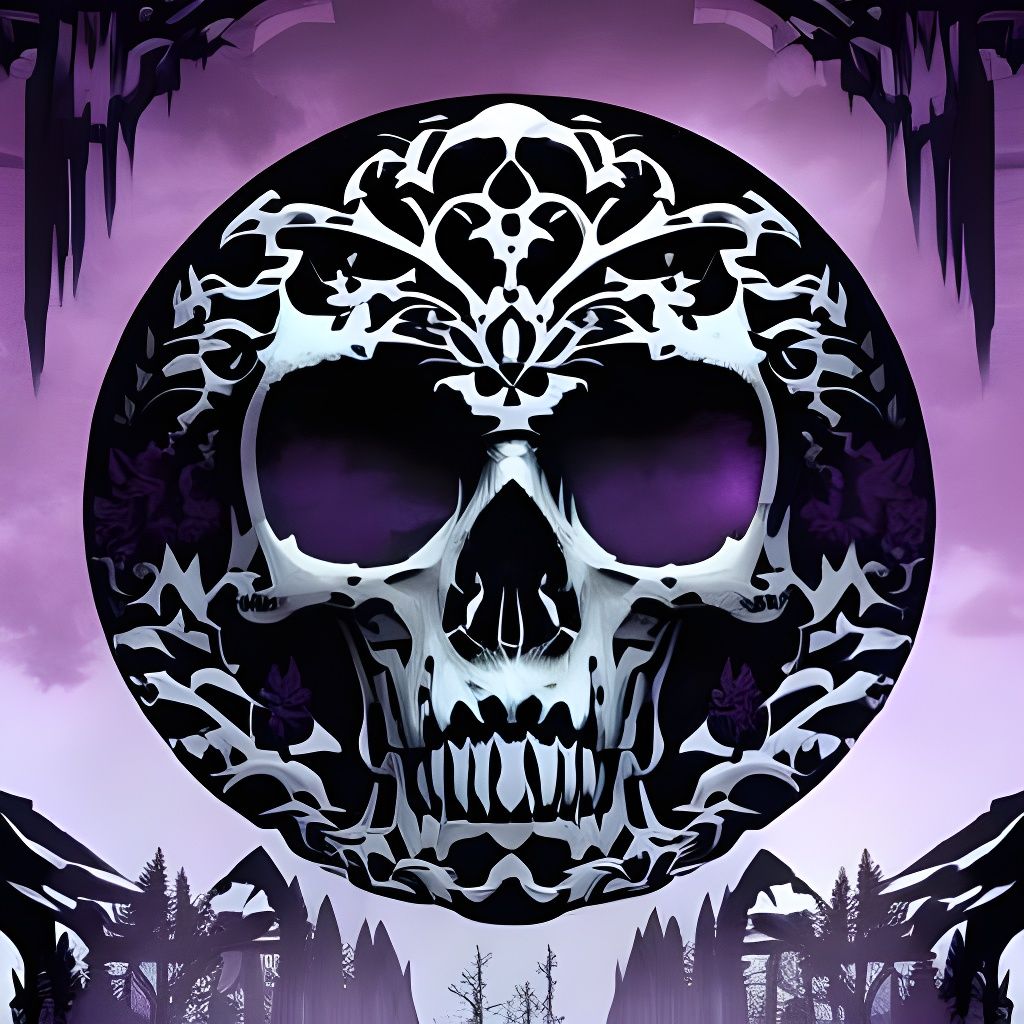 Dark Purple Skull in Gloomy Forest, Digital Art