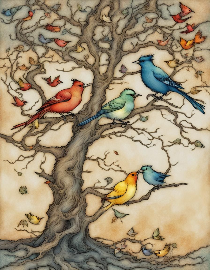 Birds in Flowing Tree: Golden Age Illustration
