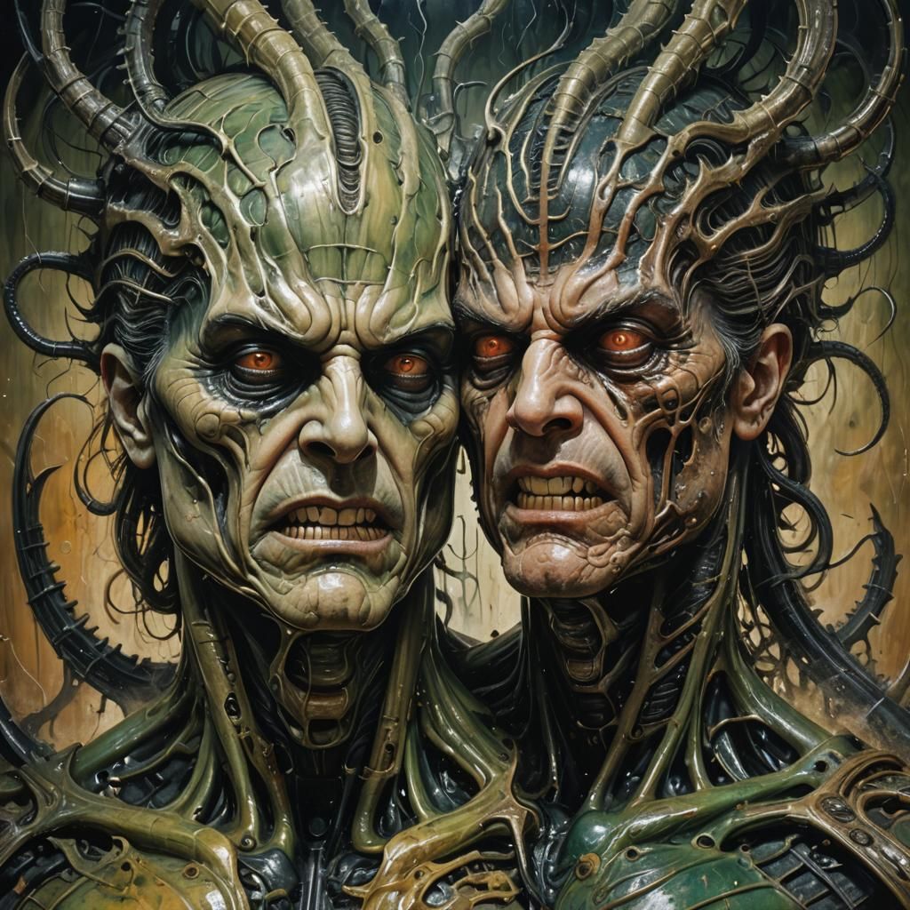 Two-Faced Man: Hyper-Realistic Concept Art in Giger Style