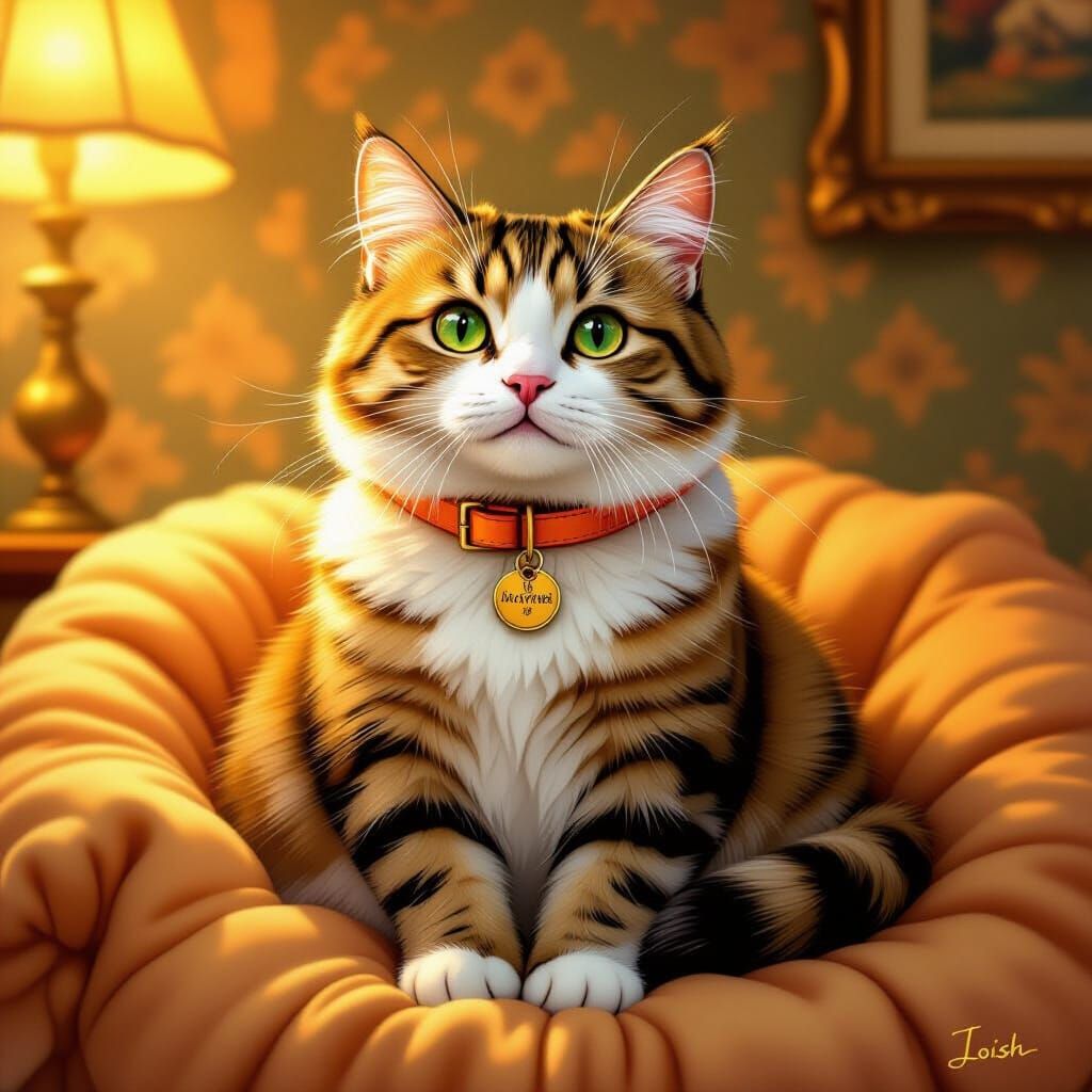 Chubby Cat with Orange Collar in Storybook Style