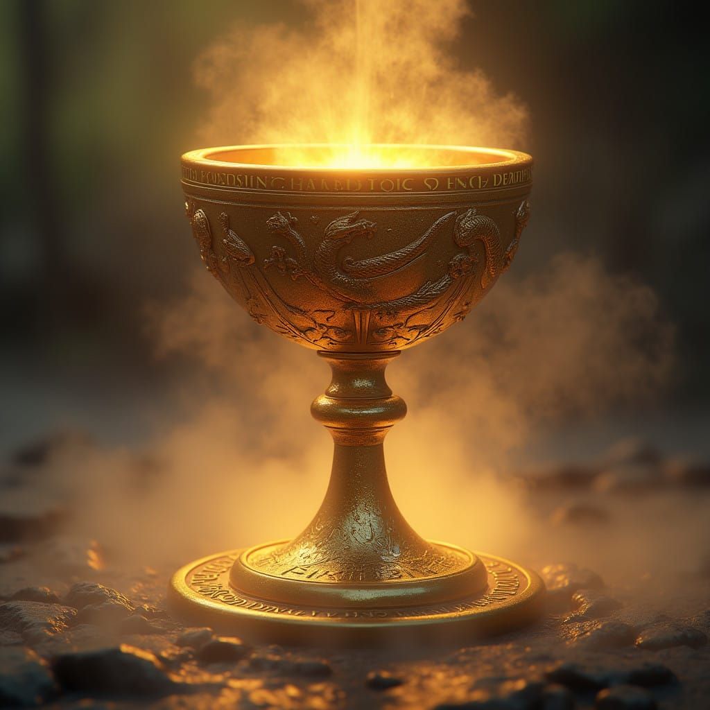 Majestic Golden Chalice Sails through Celestial Mist with En...