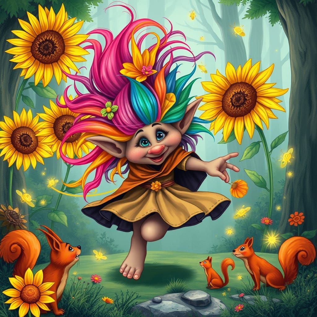 Rainbow-Haired Troll Dancing in Whimsical Forest