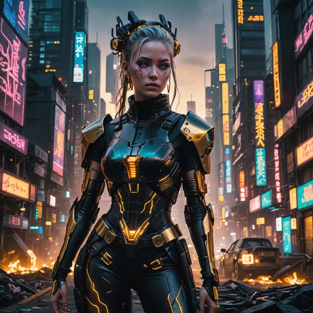 Cyberpunk Goddess with Cybernetic Enhancements in Dystopian ...