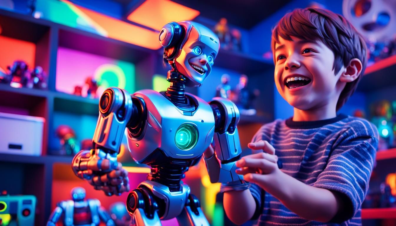 Boy's Joy: Anime-Inspired Robot Toy in Futuristic Playroom