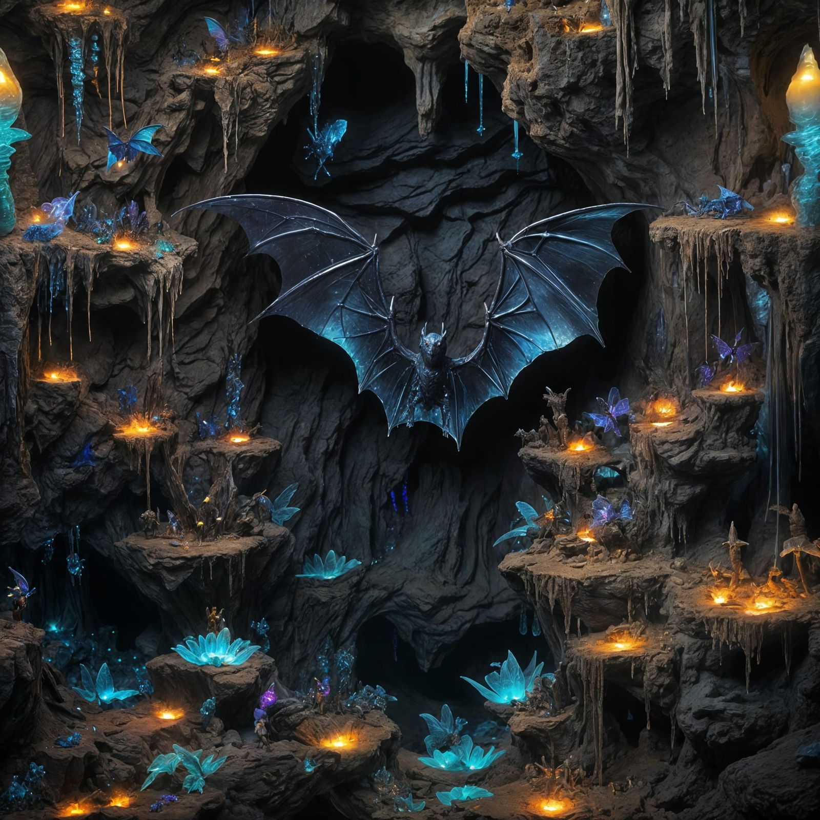 Whimsical Fantasy Bat in Bioluminescent Cave