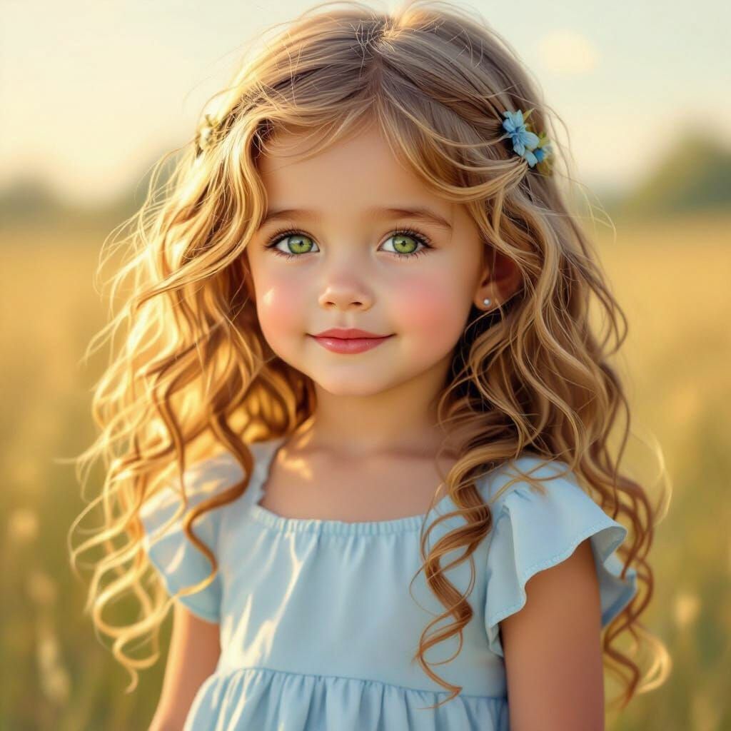 Joyful Girl in Blue Dress, Golden Hour Light