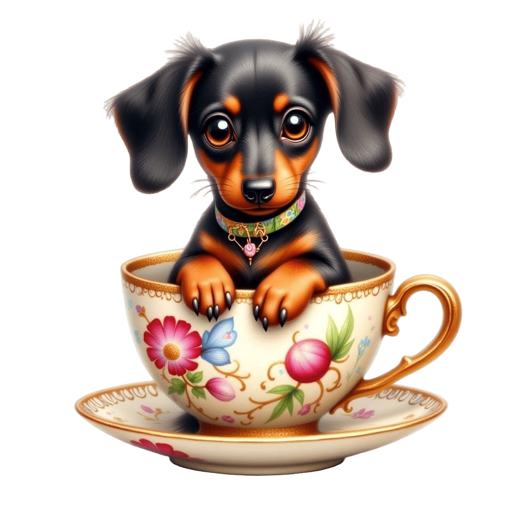 Whimsical Floral Tea Cup Scene with Dachshund Puppy
