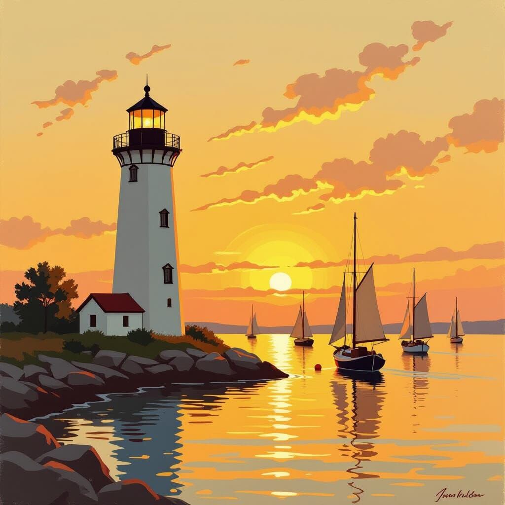 Lighthouse in Golden Light with Sailboats