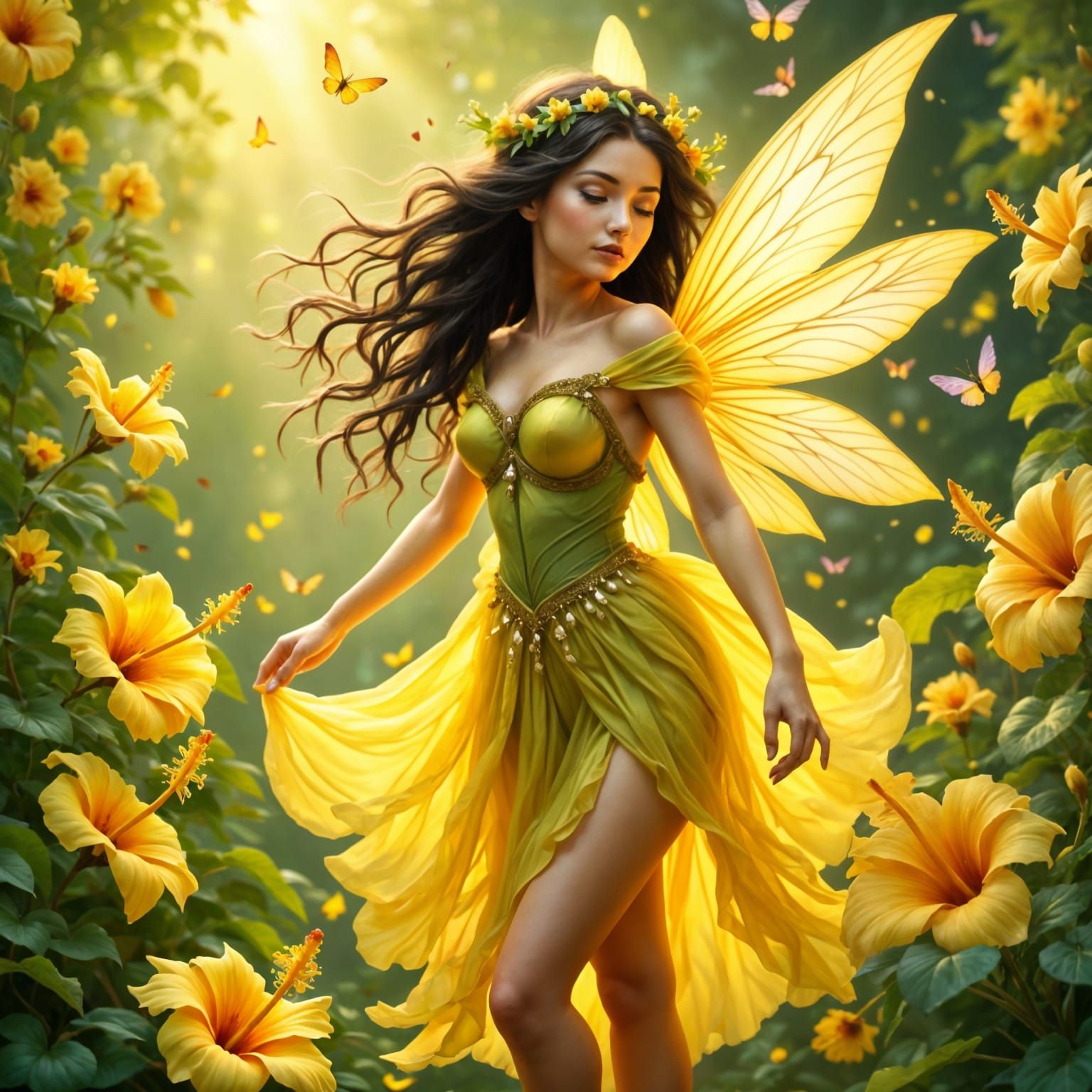 Whimsical Fairy Amidst Vibrant Hibiscus Blooms in Dreamy Fan...