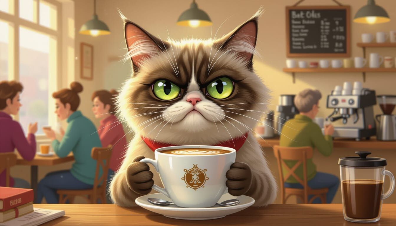 Grumpy Cat Barista Serves Overflowing Coffee in Storybook St...