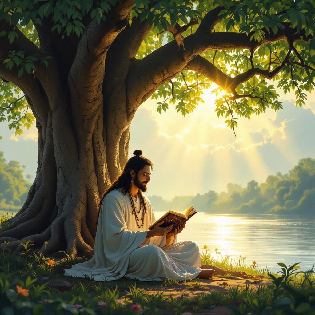 Divine Figure Under Banyan Tree with Golden Light