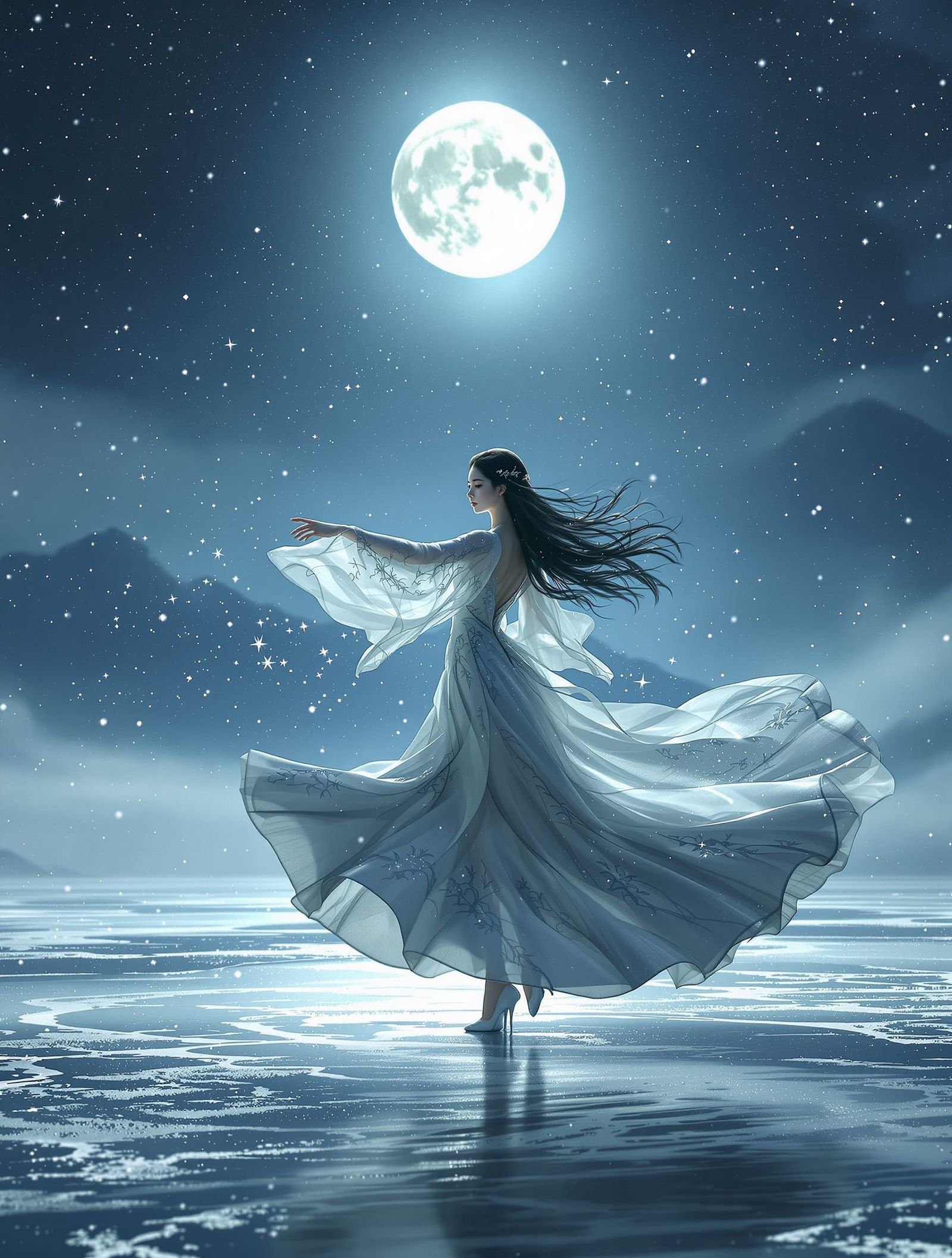 Japanese Woman Dances Under Full Moon on Frozen Lake