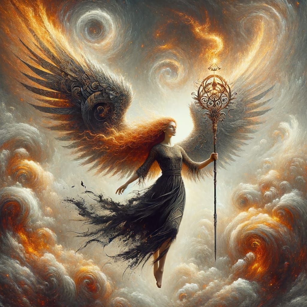 Hispanic Angel in Tempest, Matte Painting Style