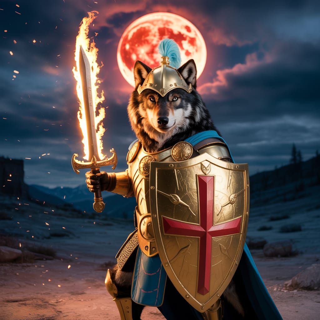 Armored Black Wolf with Fiery Sword Under Red Moon