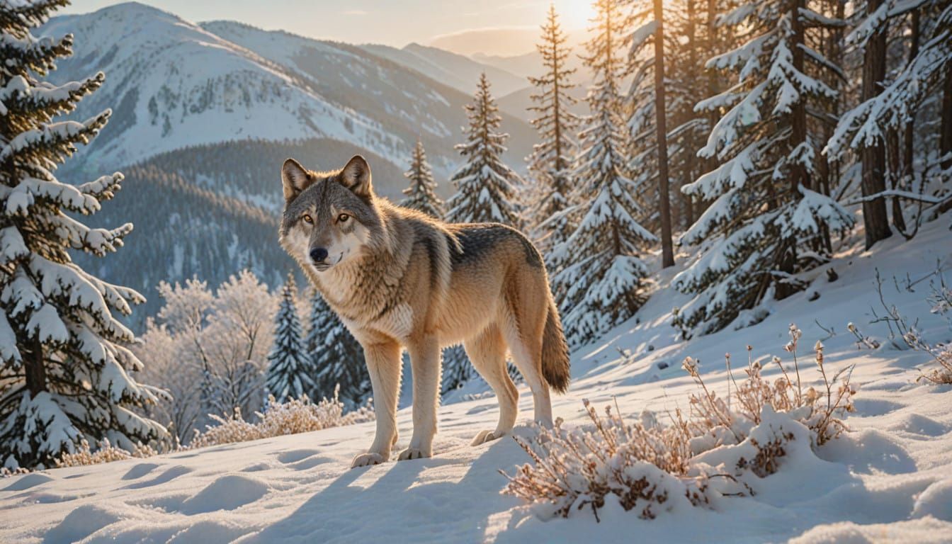 Majestic Golden Wolf Roams Winter Wonderland