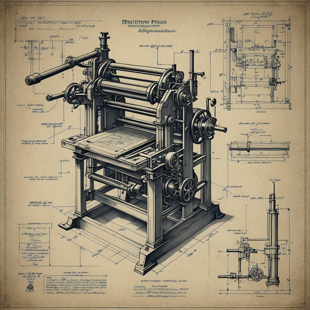 Printing Press Blueprint Diagram in Pencil Sketch