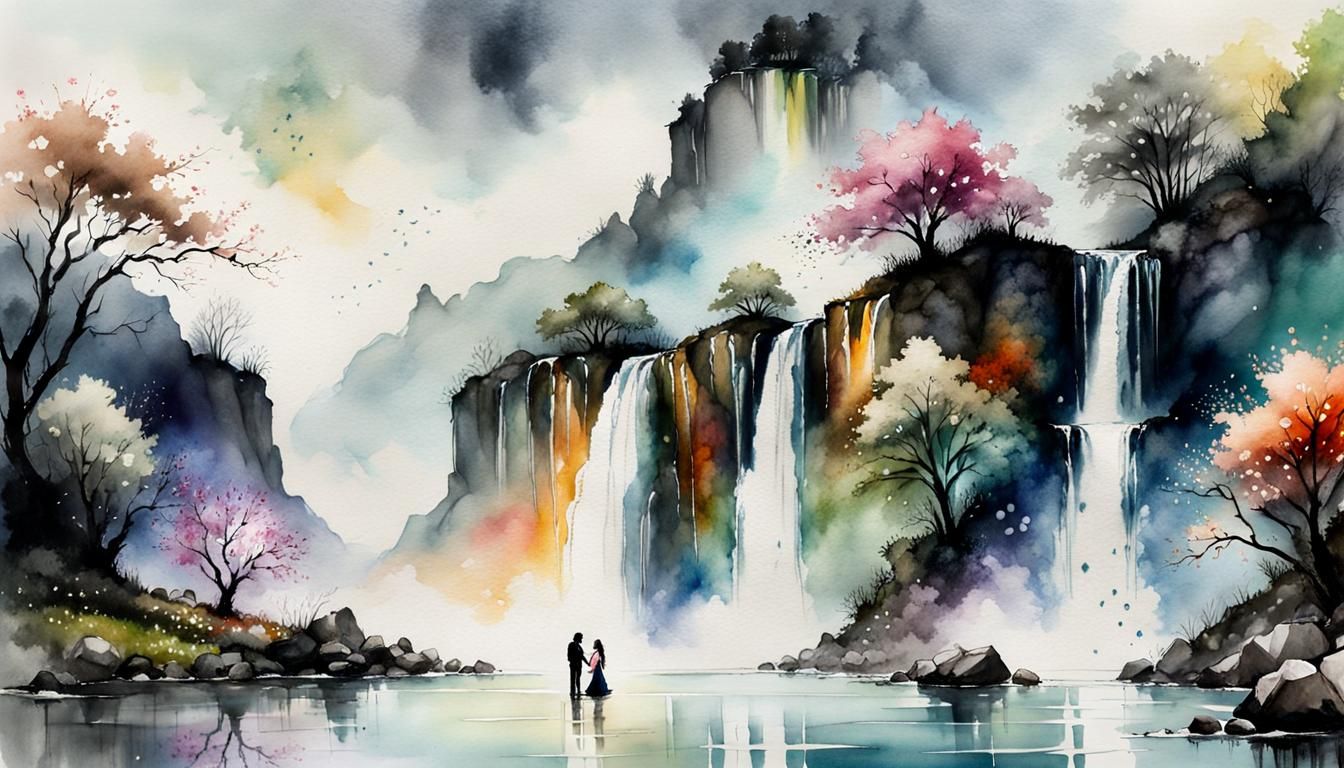 Romantic Waterfall Meeting in Watercolor Ink