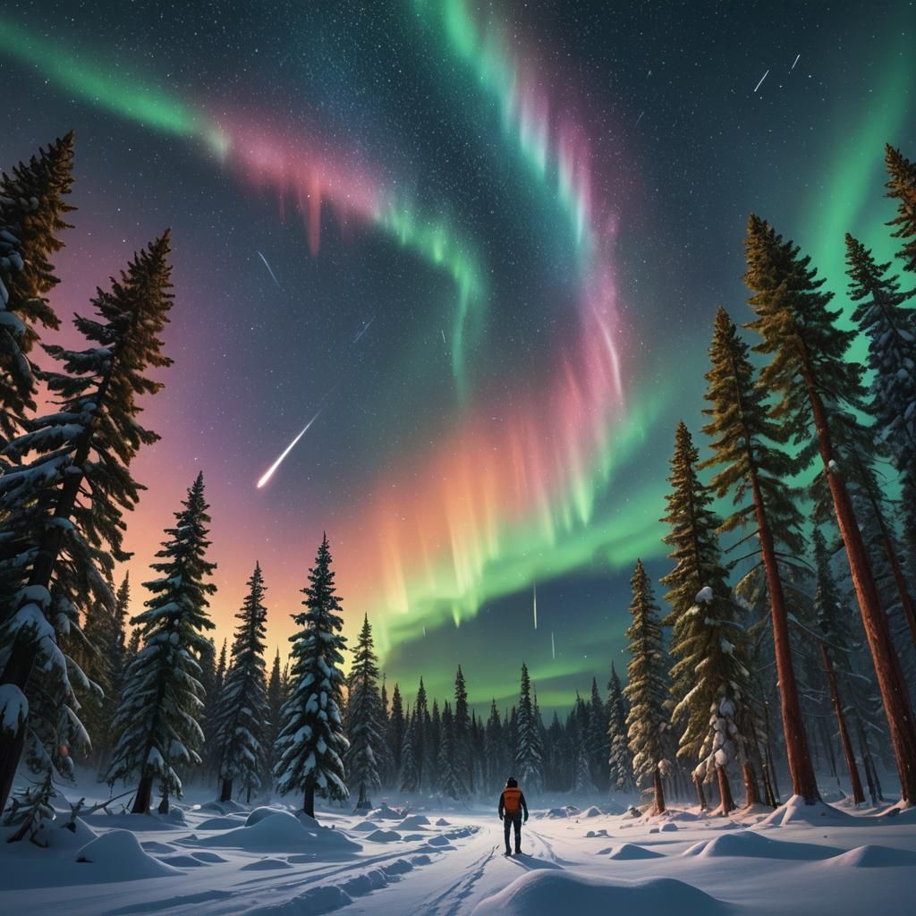 Meteor Shower Under Northern Lights in Winter Wonderland