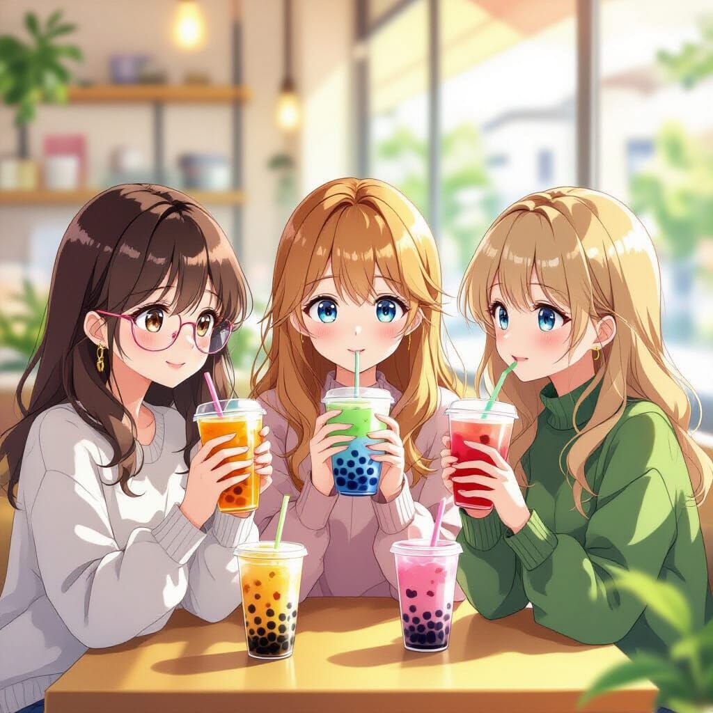 Anime Girls Enjoying Bubble Tea in Cozy Pastel Setting