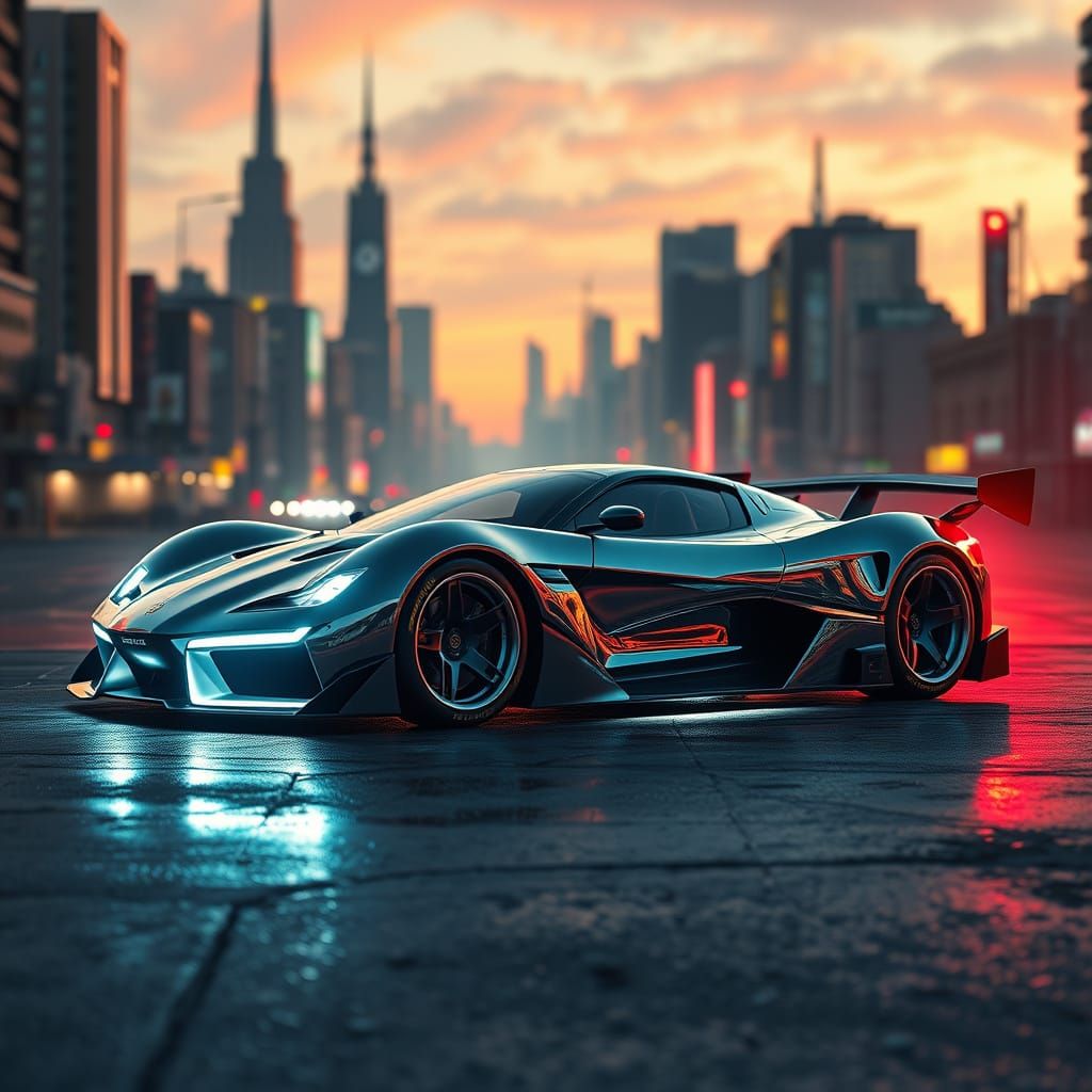 Futuristic Sports Car in Dystopian Cityscape