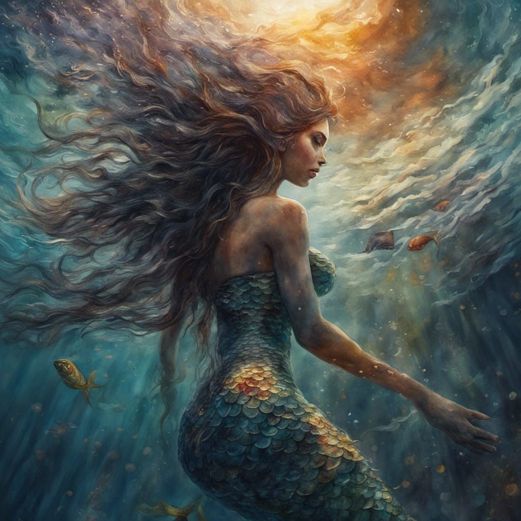 Mysterious Mermaid Ascending in Watercolor Style