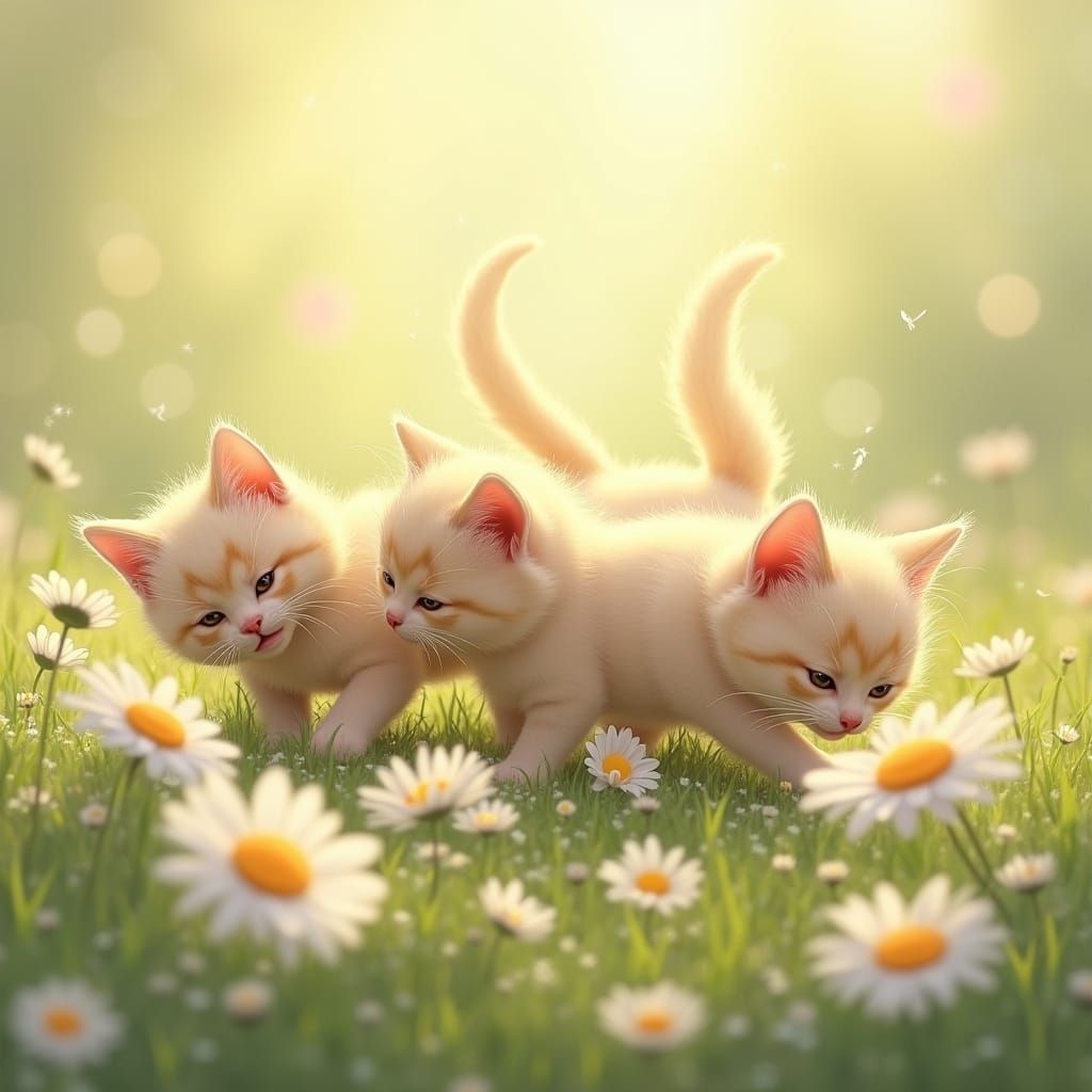 Norwegian Forest Kittens Play in Daisy Field, Whimsical Styl...