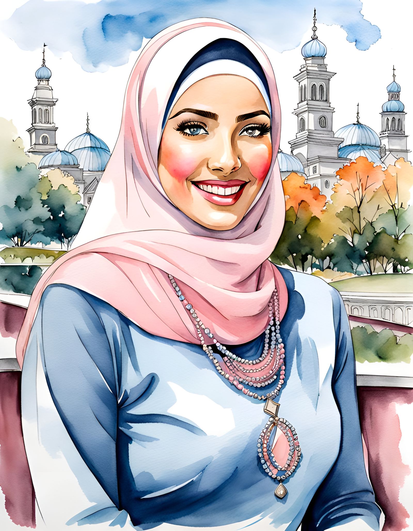 Elegant Hijabi Woman Portrait in Watercolor Style