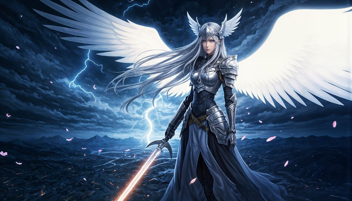 Anime Valkyrie with Glowing Sword and Wings