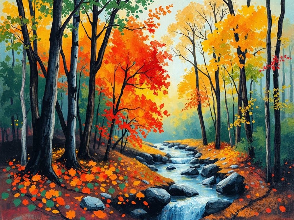 Vibrant Expressionist Oil Painting of a Forest Landscape