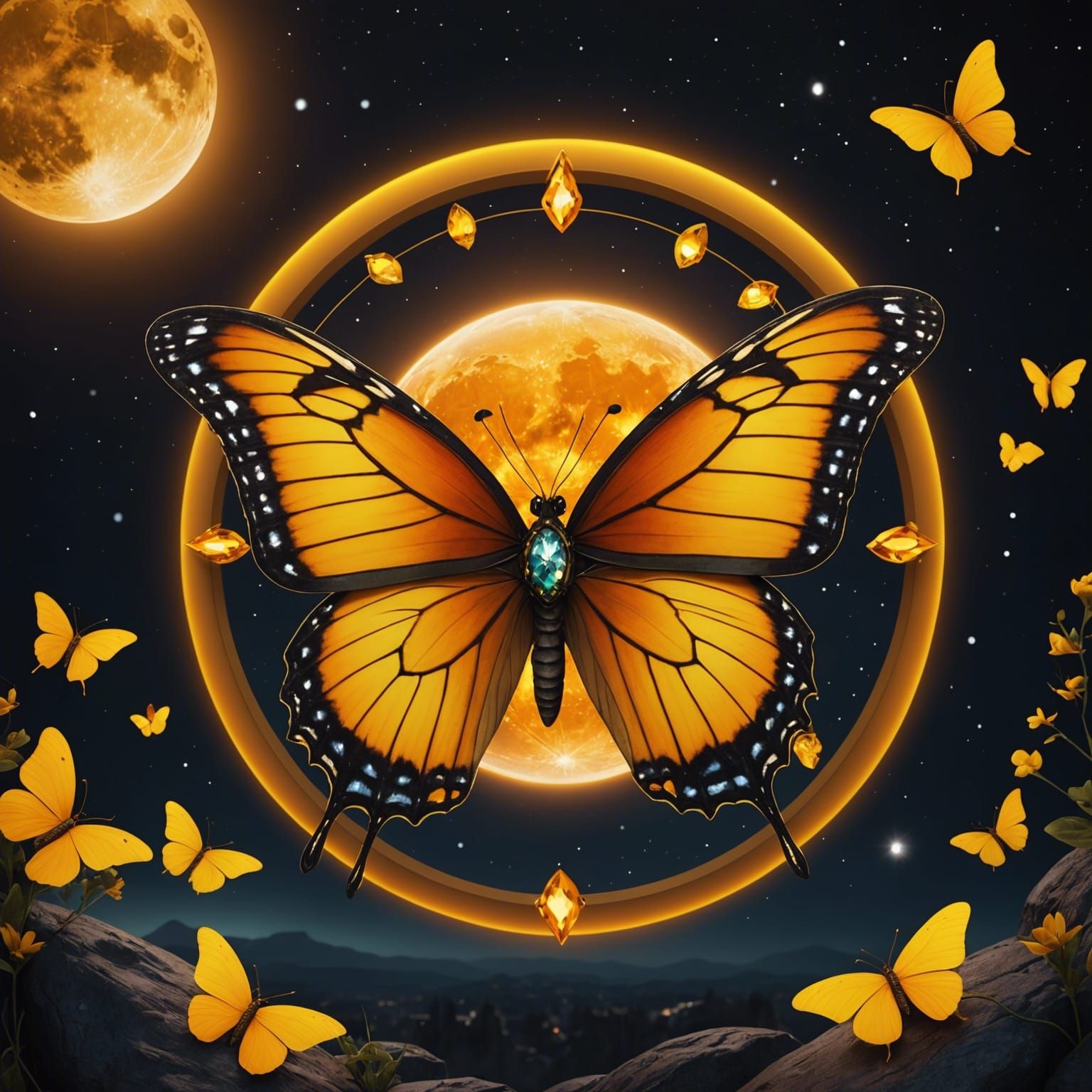 Jeweled Butterfly at Night with Yellow Moon Eclipse