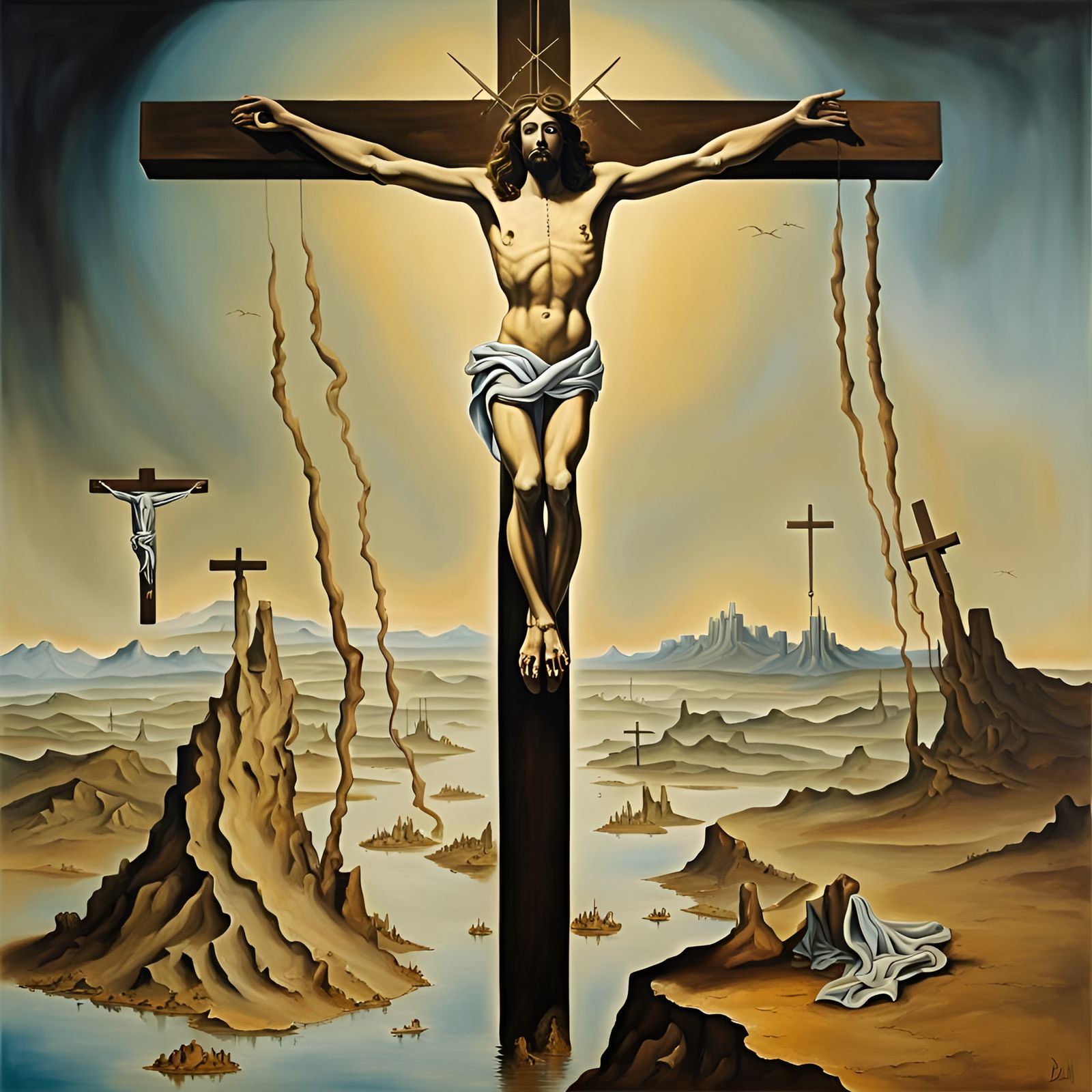 Crucifixion Over Polluted Earth in Surreal Style