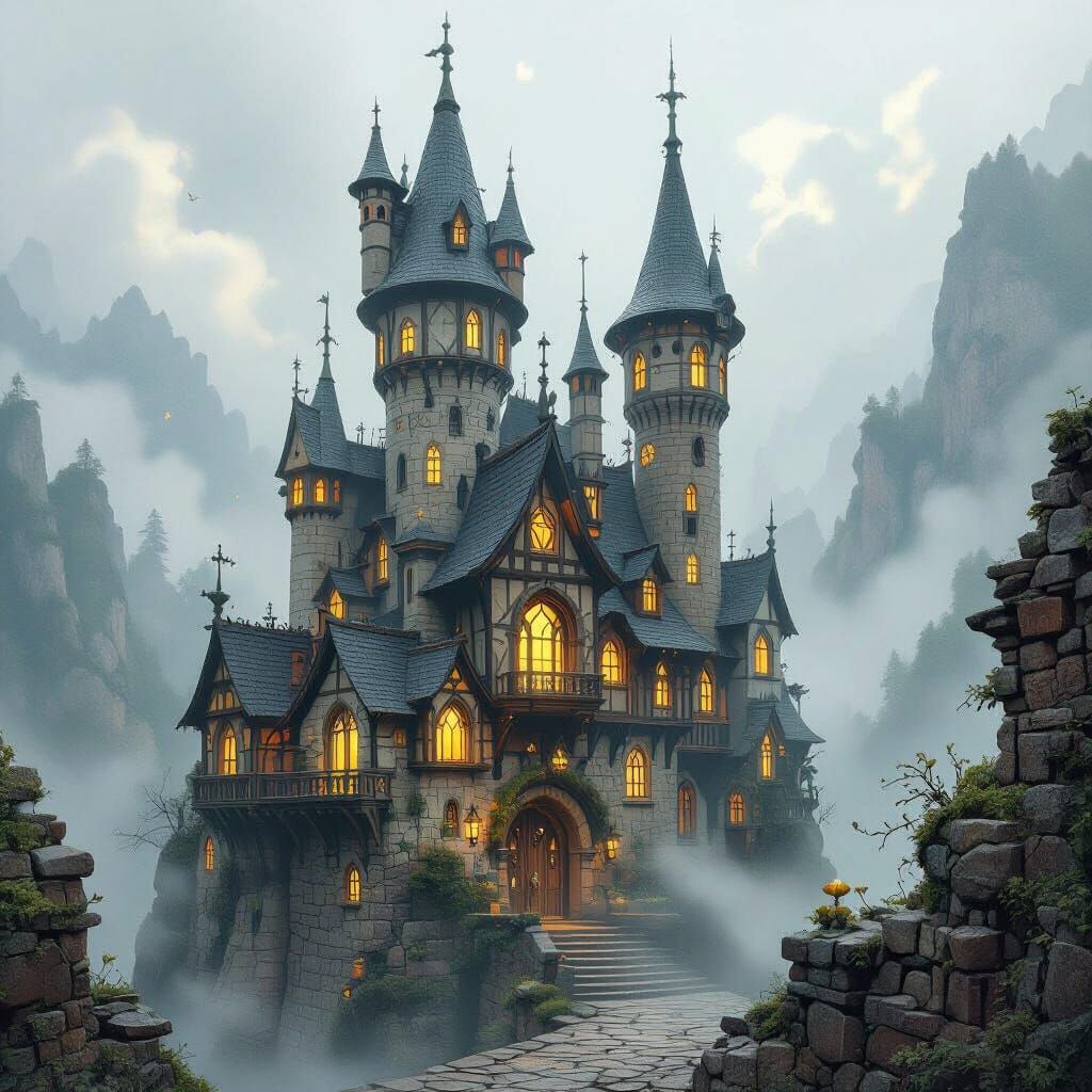 Mystical School in Misty Mountains, Fantasy Art