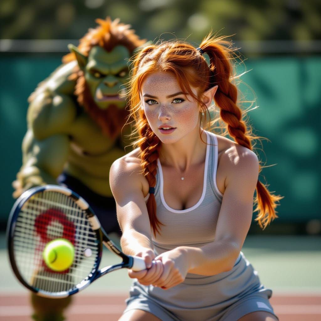 Elf and Ogre Play Tennis in Natural Light