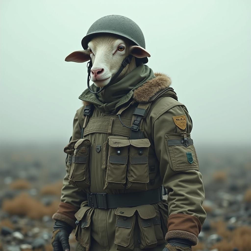 Battle Sheep in War-Torn Landscape