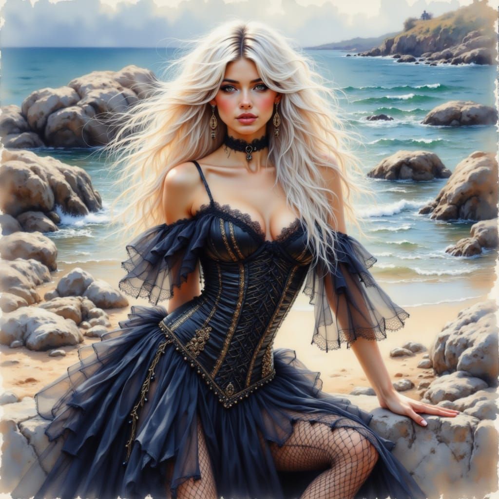 Woman in Corset on Beach as Watercolor Painting