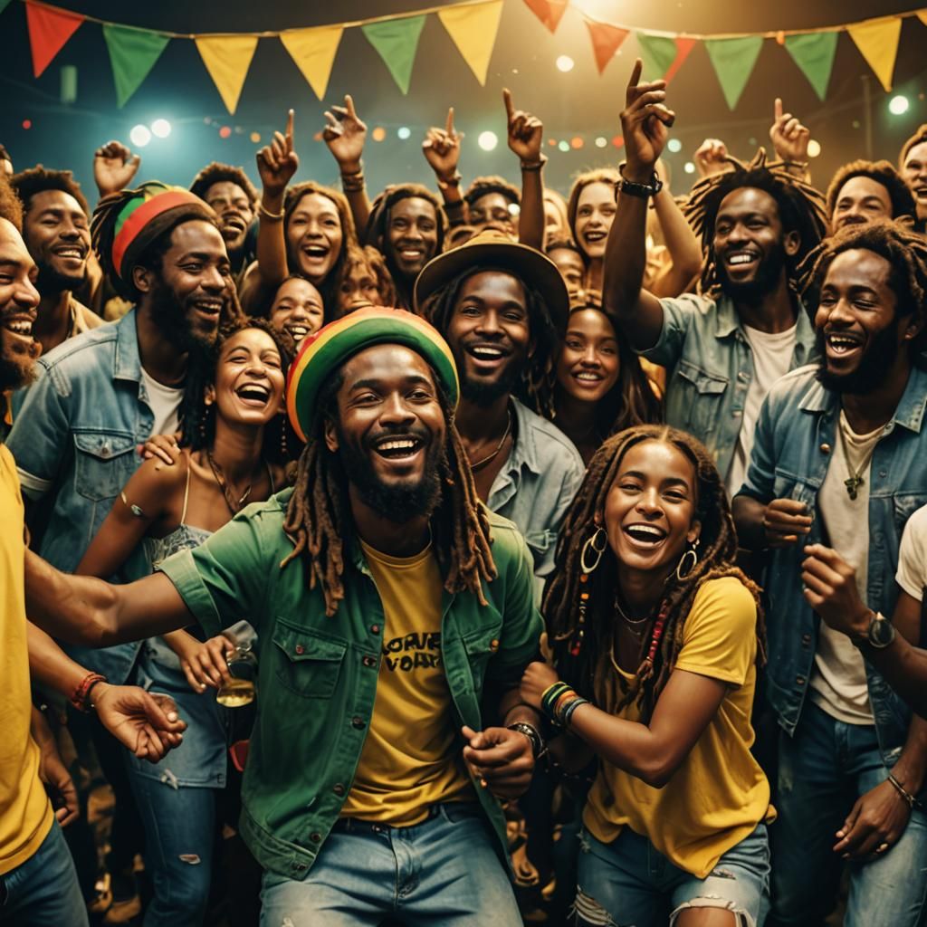 Vibrant Reggae Party with Diverse Crowd in 8K