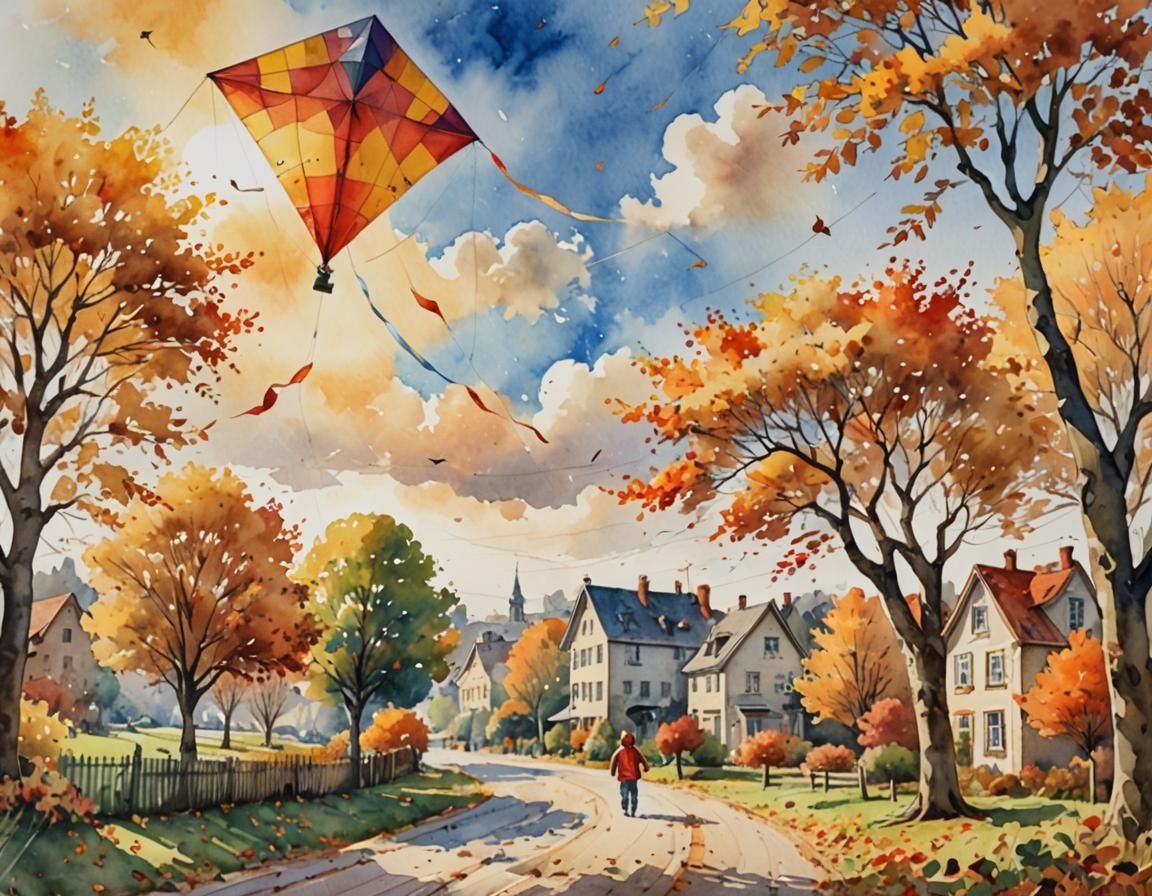 Watercolor Autumn Landscape with Boy Flying Kite