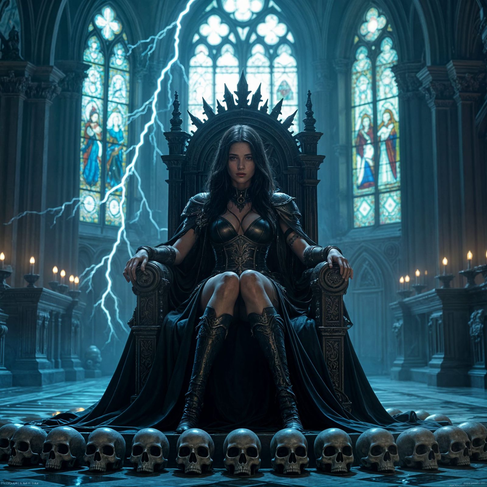 Warrior Queen on Skull Throne in Gothic Cathedral